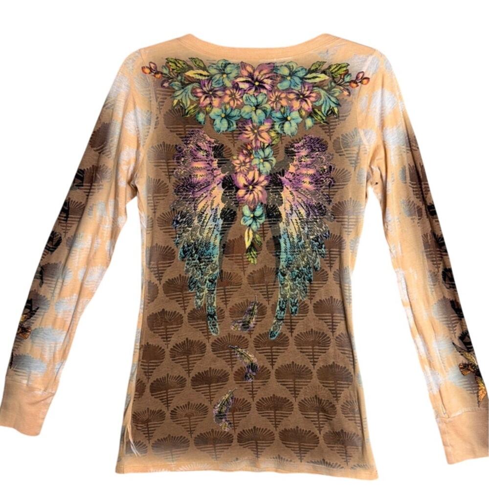 Butterfly Dropout Sheer Burnout Y2K Graphic Henley Top Boho Fairygrunge Indie M - Picture 4 of 13